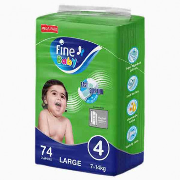 FINE BABY GREEN LARGE SUPER DRY  MEGA PACK 74PC فاين بيبي حفاضات الاطفال سوبرجرين / كبير 74 حبة 