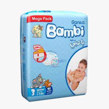 SANITA BAMBI M DIAPER MEGA 92'S سانتيا بامبي حفاضات اطفال متوسة 92 حبة 