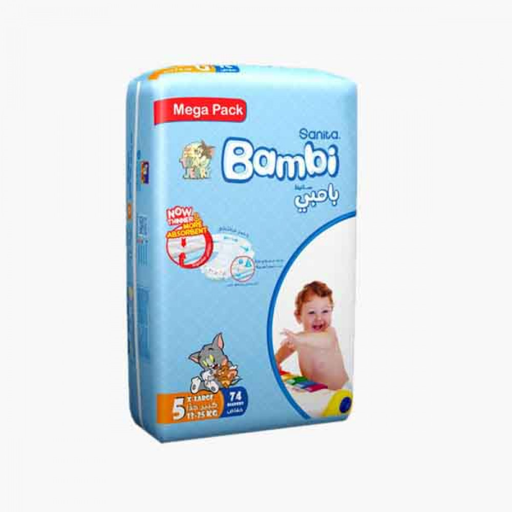 SANITA BAMBI XL DIAPER MEGA 74'S سانتيا بامبي حفاضات اطفال كبيرة 74حبة 