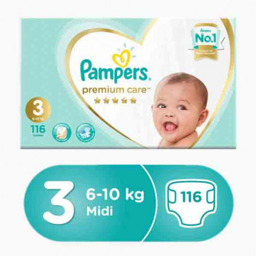 PAMPERS PC S3 1X116 MB حفاضات بامبرز بريميام كير متوسطة 116 قطعة 