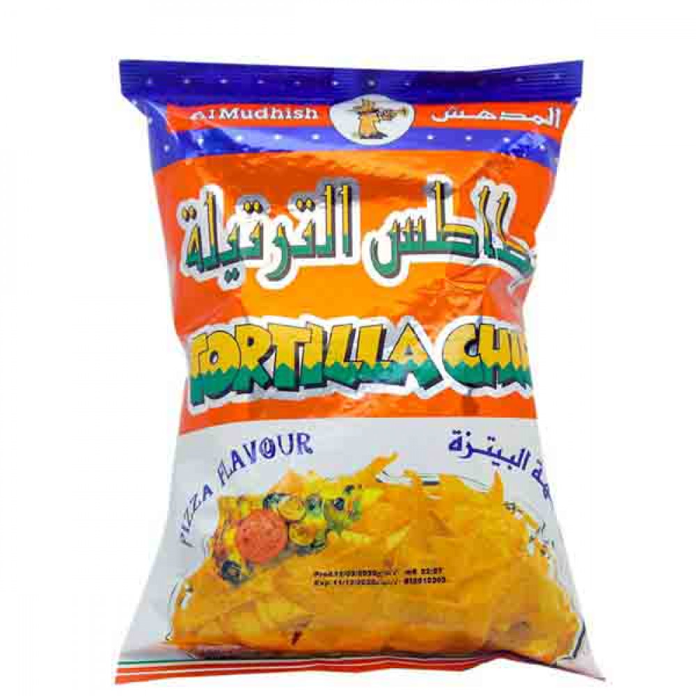 AL MUDHISH TORTILLA CHIPS PIZZA FLAV.100GM شيبس نكهة بيتزا المدهش 100ج