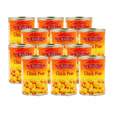 AL MAZRA CHICK PEAS 12X400GM S/P PRICEفاصوليا مسلوق المزرعة 12×400جرام